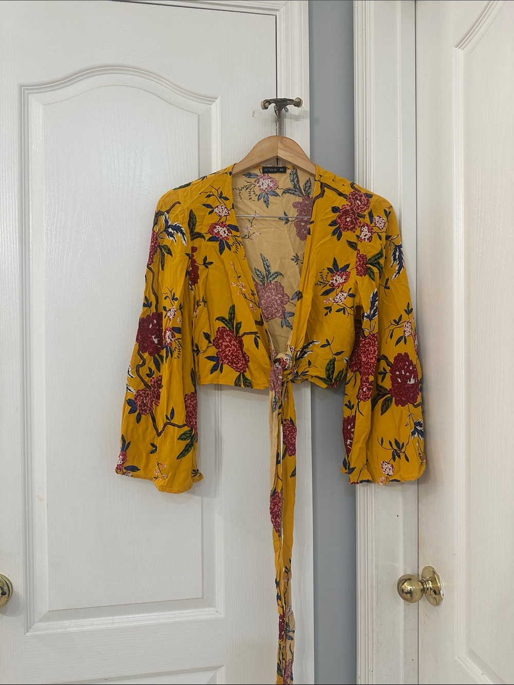 Cotton On Mustard Floral Tie-Front Tie Crop Top